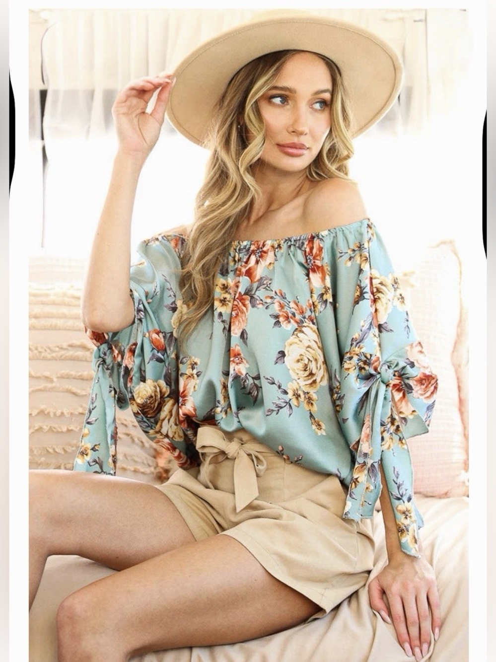 Vine & Love Women’s Floral Bloom Tie-Sleeve Off The Shoulder Blouse in Teal
